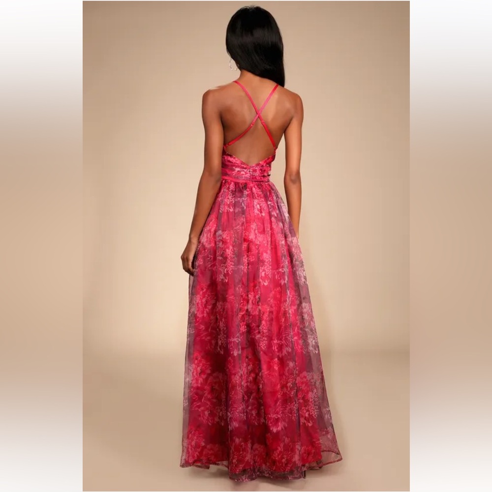 Lulu's Fuchsia Floral Lace Maxi Dress with Plunging V-Neck - Picture 3 of 13